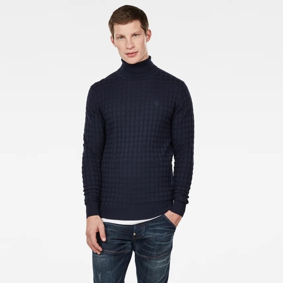 G-Star Raw Dark Blue Turtleneck Sweater with Textured Pattern - Picture 2 of 7